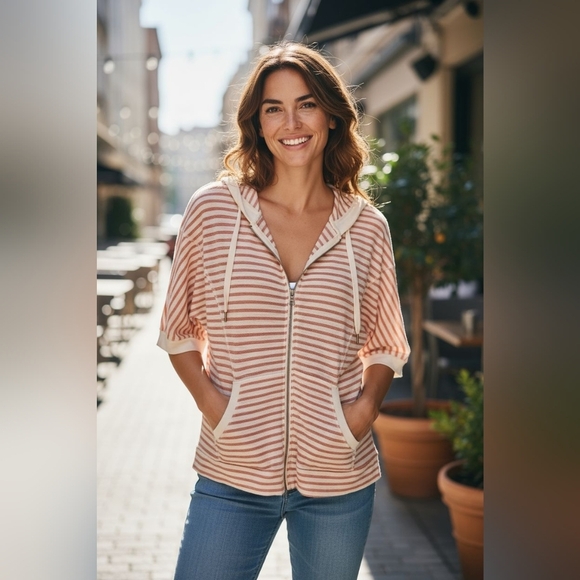 Cable & Gauge Other - Cable & Gauge - White & Pink Stripped Hoodie W/ Drawstring & Pockets